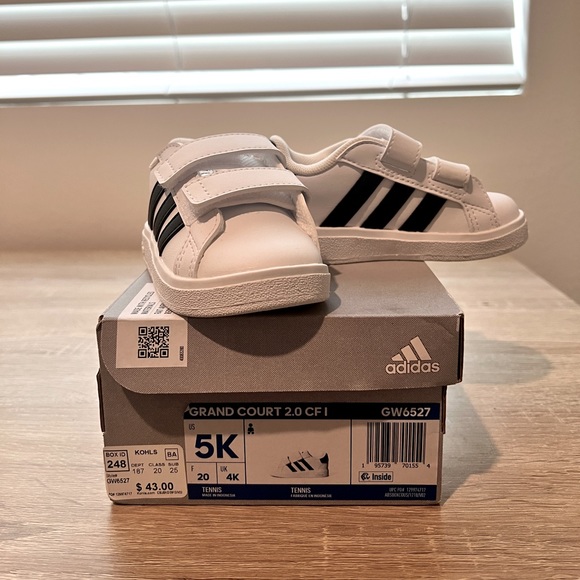 Adidas Grand Court 2.0 Toddler Kids 5K White/Black Stripes NWT - Picture 1 of 5